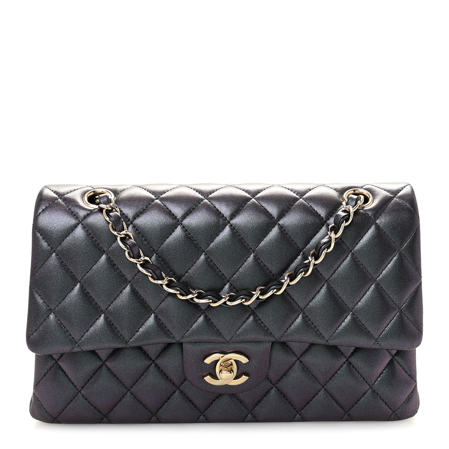 Iridescent Lambskin Quilted Medium Double Flap Black
