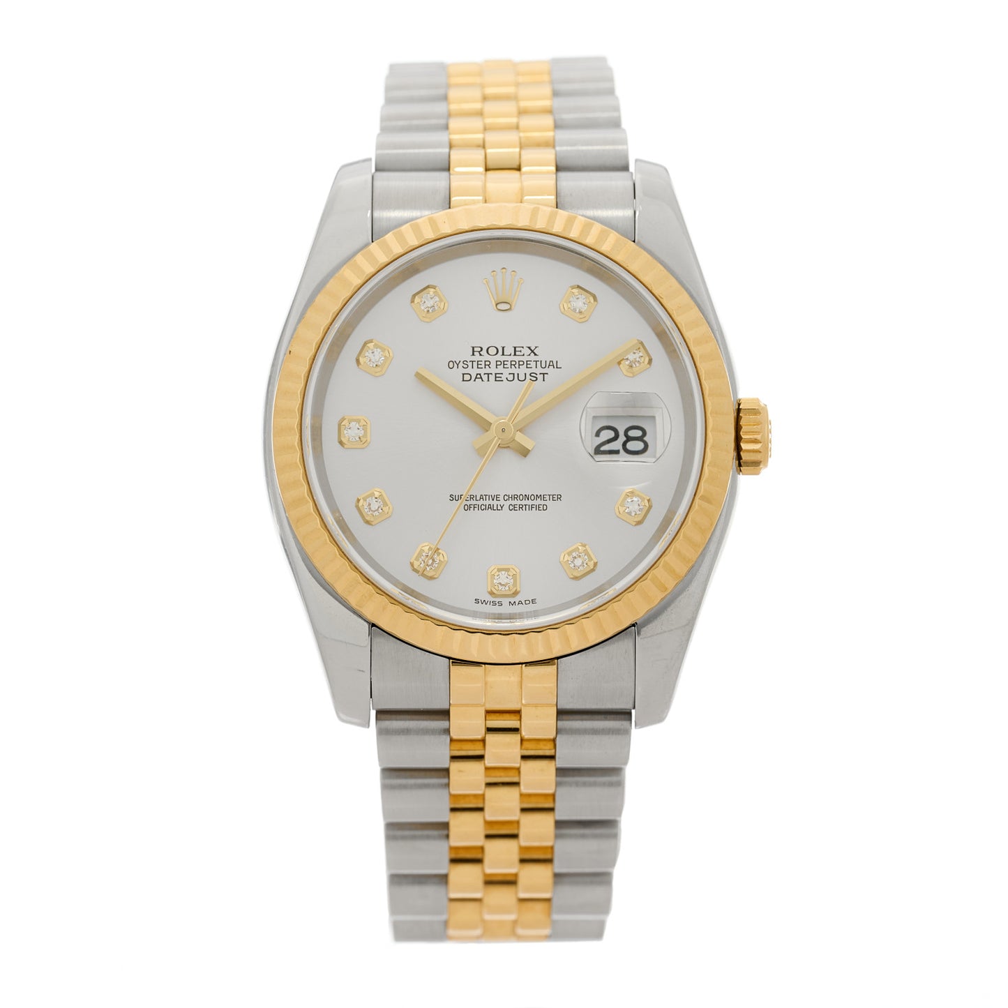 Stainless Steel 18K Yellow Gold Diamond 36mm Oyster Perpetual Datejust Watch Silver 116233