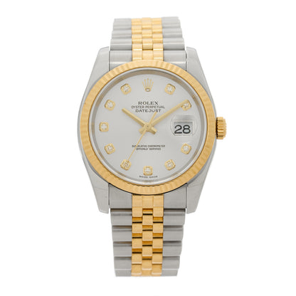 Rolex Stainless Steel 18K Yellow Gold Diamond 36mm Oyster Perpetual Datejust Watch Silver 116233 1 of 5