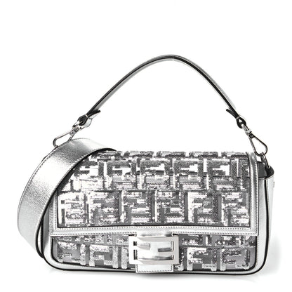 Fendi PVC Vitello Catalan Mirror Sequin FF Baguette Argento 1 of 11