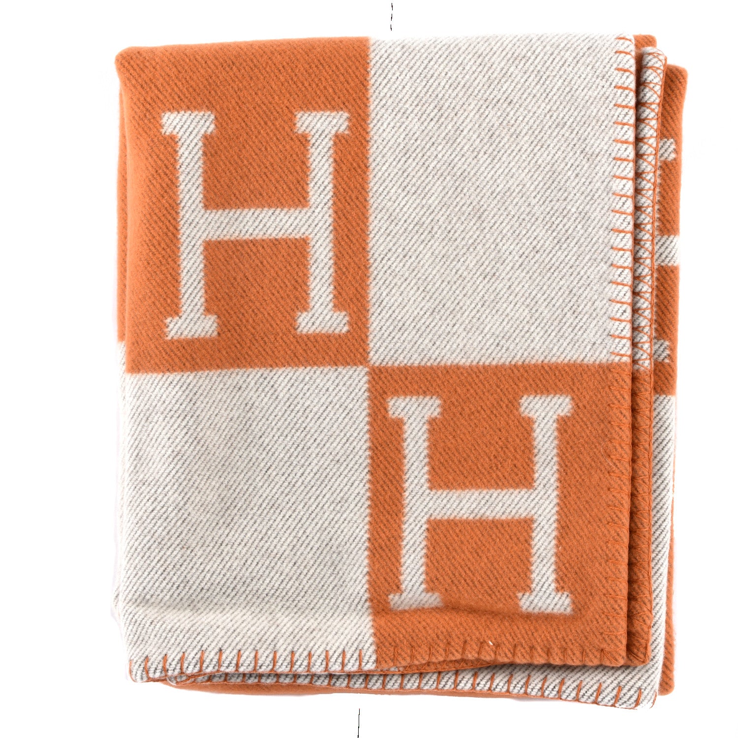 Hermes Wool Cashmere Signature Classic Avalon Blanket Ecru Potiron 1 of 3