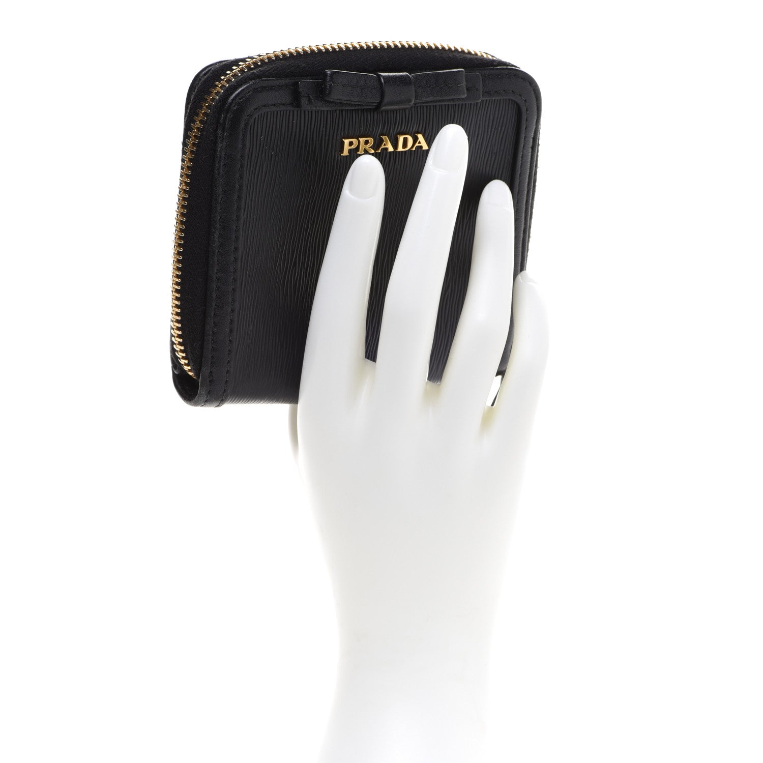 Prada Saffiano Compact Bow Zip Around Wallet Black 2 of 15