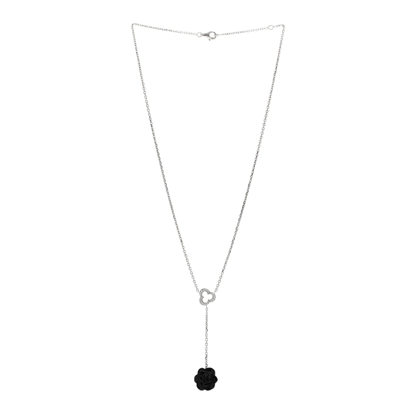 18K White Gold Diamond Black Onyx Camelia Sculpte Drop Pendant Necklace