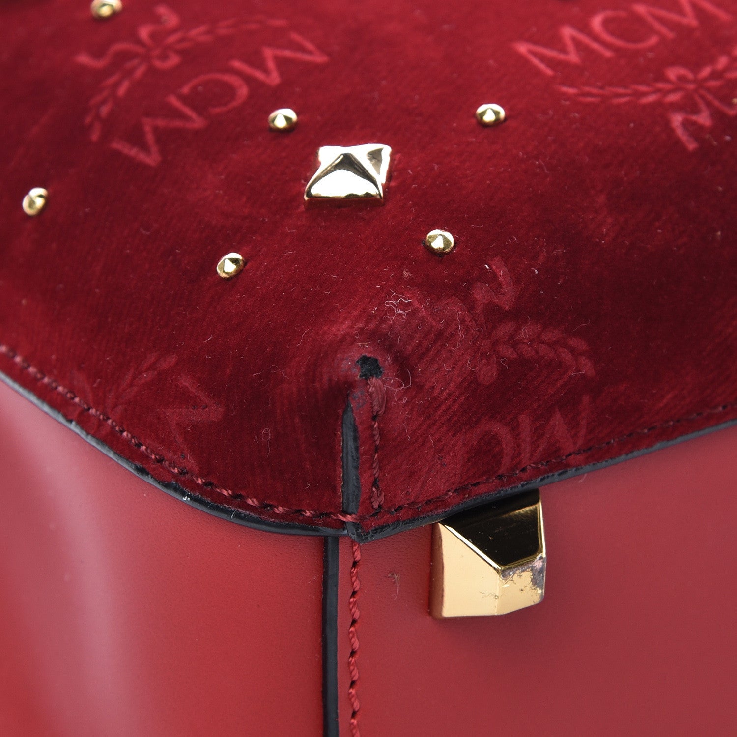 MCM Velvet Studded Mini Insignia Milla Tote Ruby Red 9 of 12