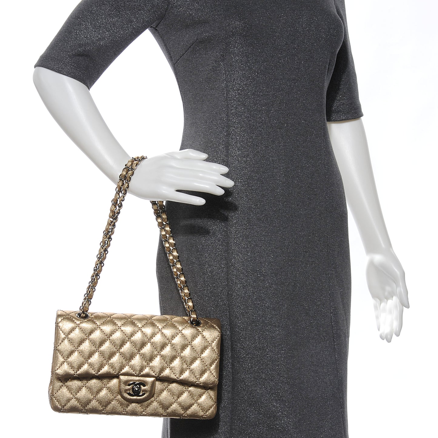 Metallic Washed Lambskin Quilted Medium Double Flap Dark Gold Black