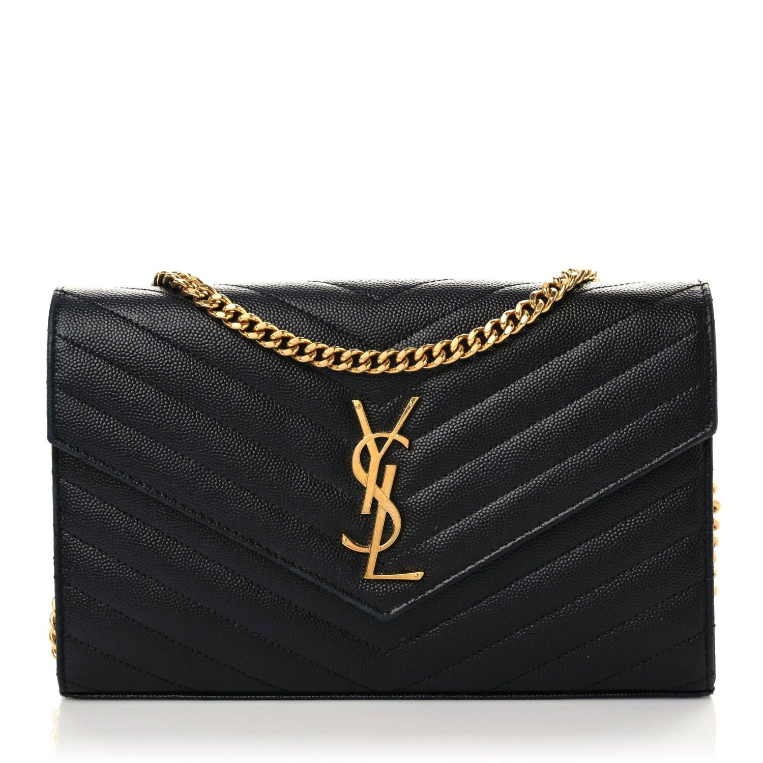 Saint Laurent Grain De Poudre Matelasse Chevron Monogram Chain Wallet Black 1 of 14