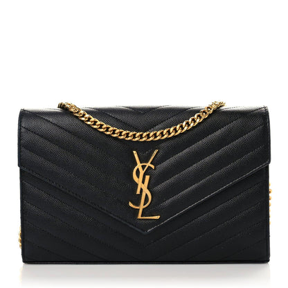 Saint Laurent Grain De Poudre Matelasse Chevron Monogram Chain Wallet Black 1 of 14