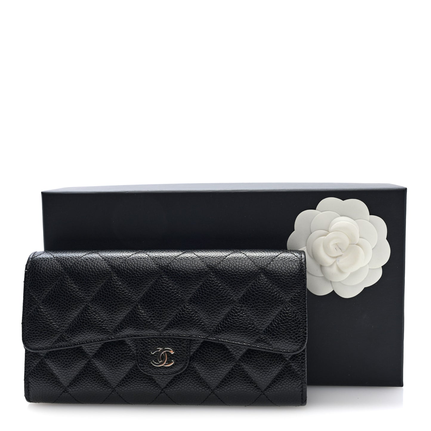 Caviar Quilted Large Gusset Flap Wallet Black