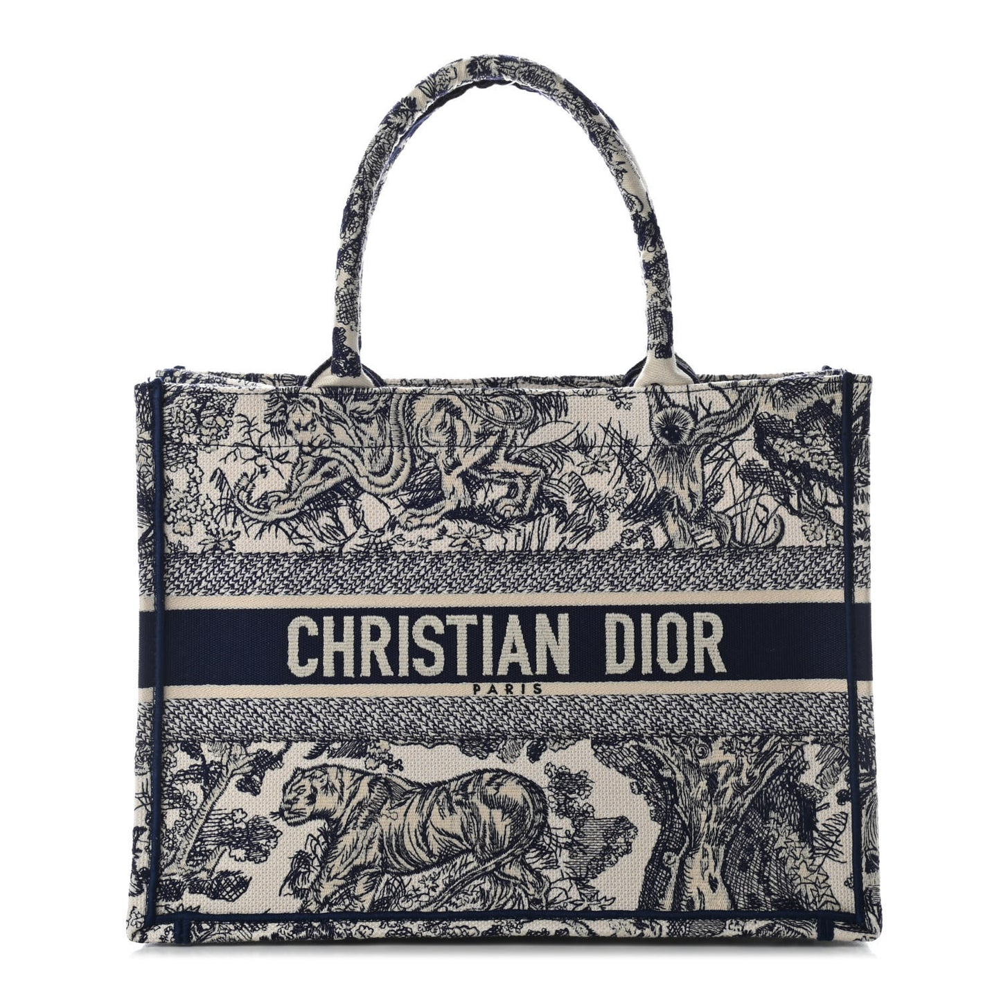 Canvas Embroidered Toile De Jouy Medium Book Tote Blue