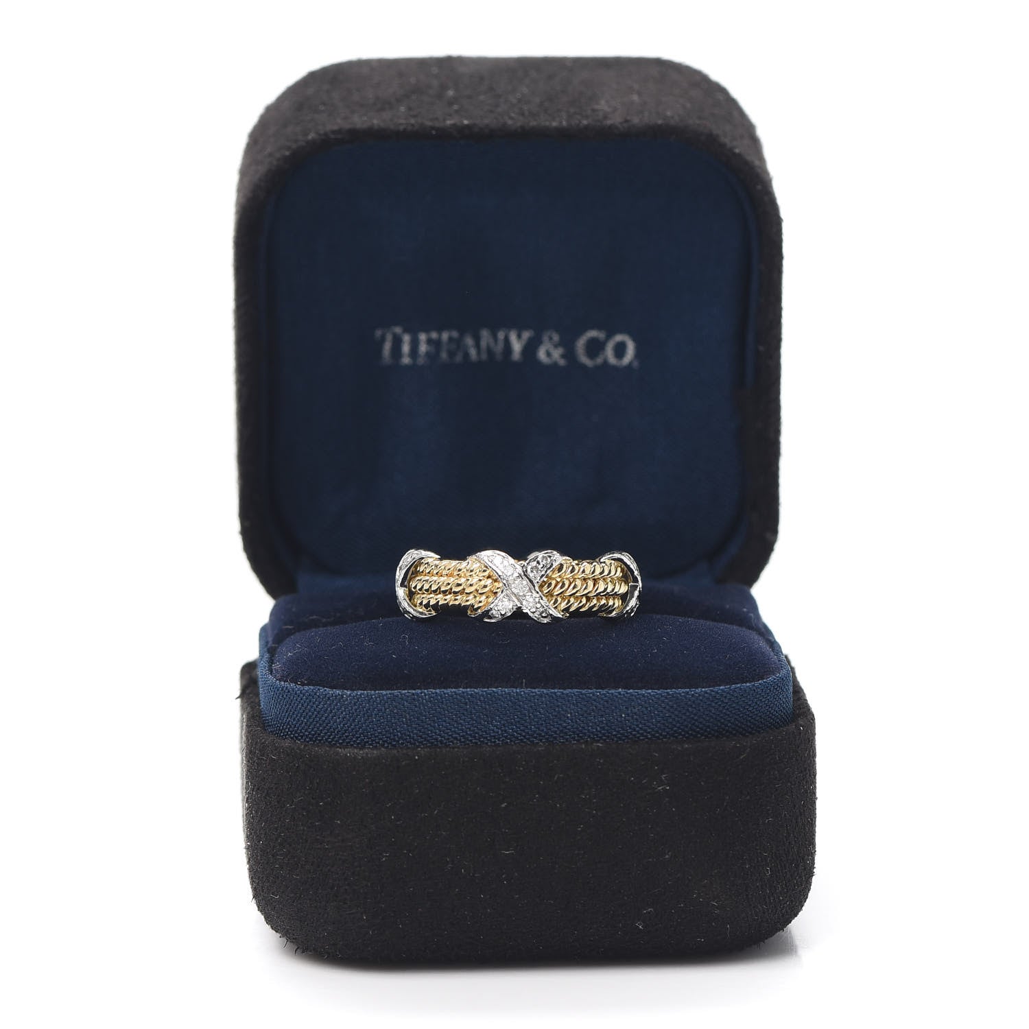 Tiffany 18K Yellow Gold Platinum Diamond Schlumberger Rope 3 Row X Ring 48 4.5 7 of 7
