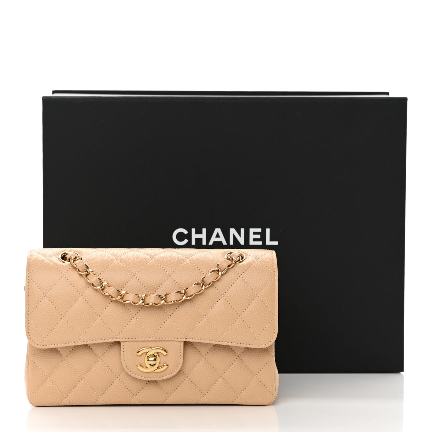 Caviar Quilted Small Double Flap Beige