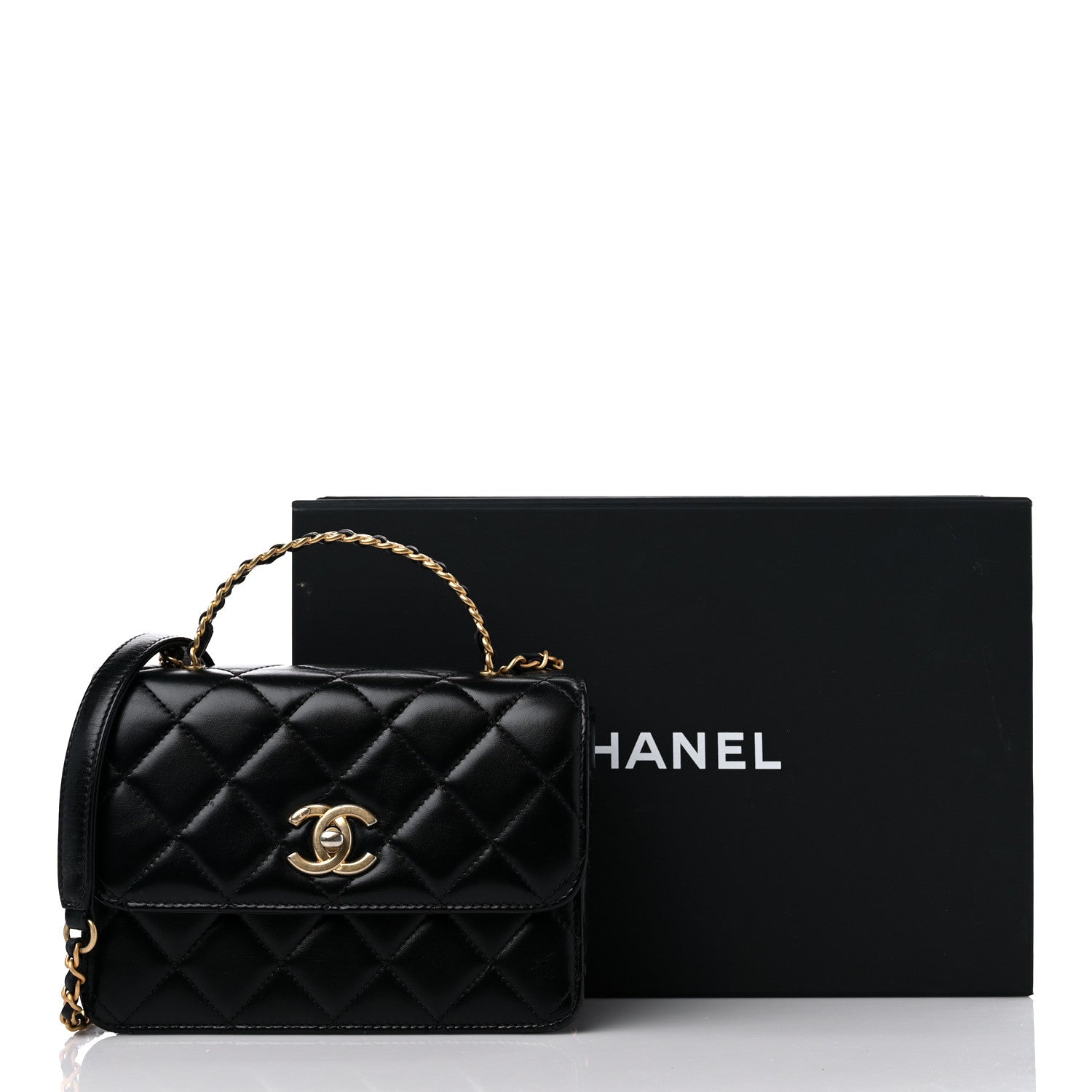 Chanel Shiny Calfskin Quilted Mini Chain Top Handle Flap Black 13 of 13