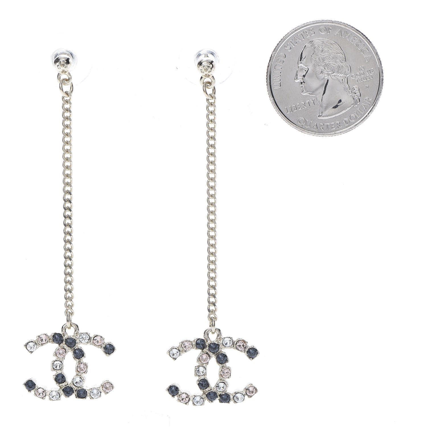 Chanel Crystal CC Drop Earrings Pink Grey Gold 2 of 4