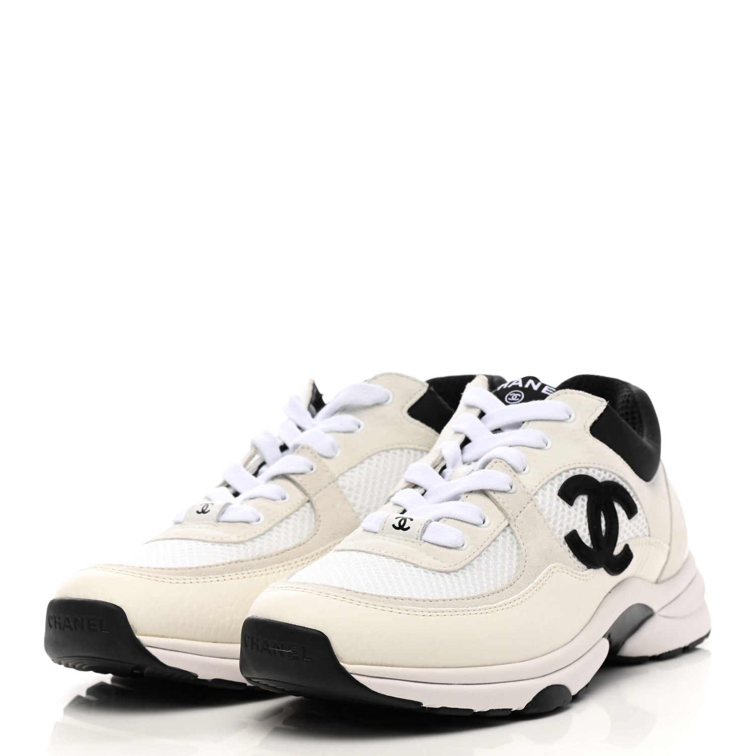 Chanel Mesh Suede Calfskin Grained Calfskin Womens CC Sneakers 39 White Black 3 of 8