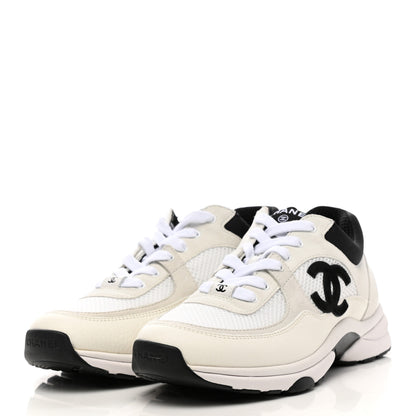 Chanel Mesh Suede Calfskin Grained Calfskin Womens CC Sneakers 39 White Black 3 of 8