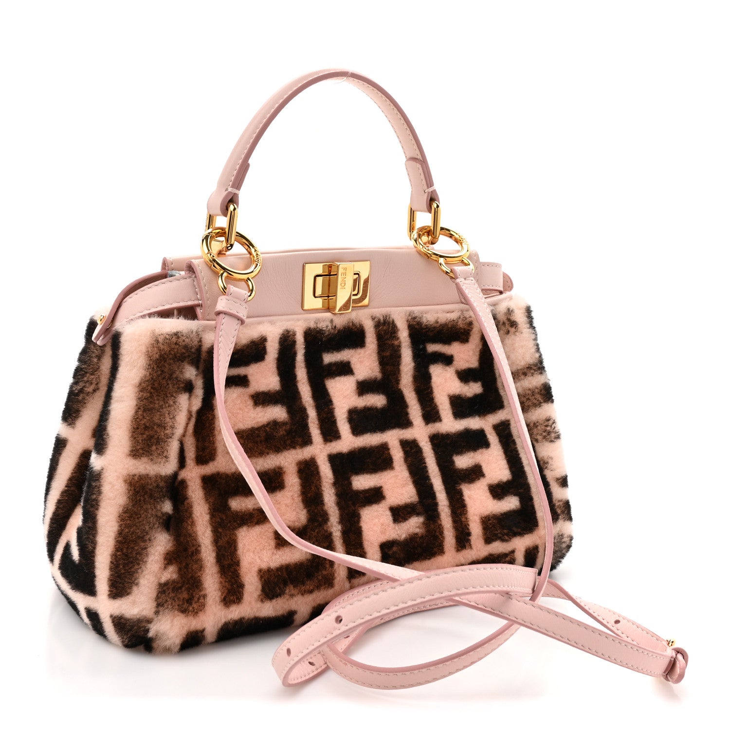 Fendi Shearling Nappa Macro FF 1974 Mini Peekaboo Iconic Satchel White Ice Cuoio Miele Scuro 3 of 11