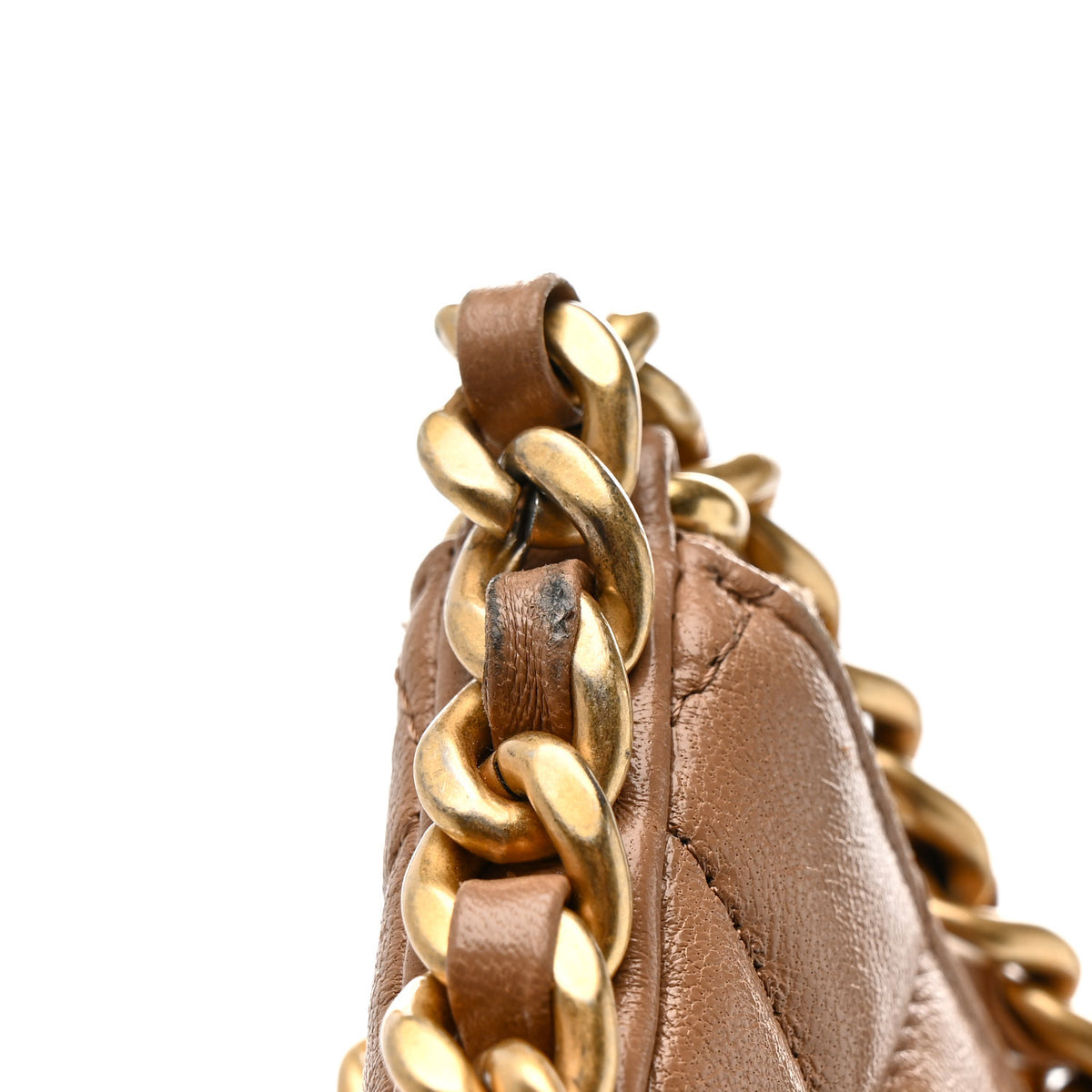 Shiny Crumpled Lambskin Quilted Large Trendy Chain Around Hobo Dark Beige