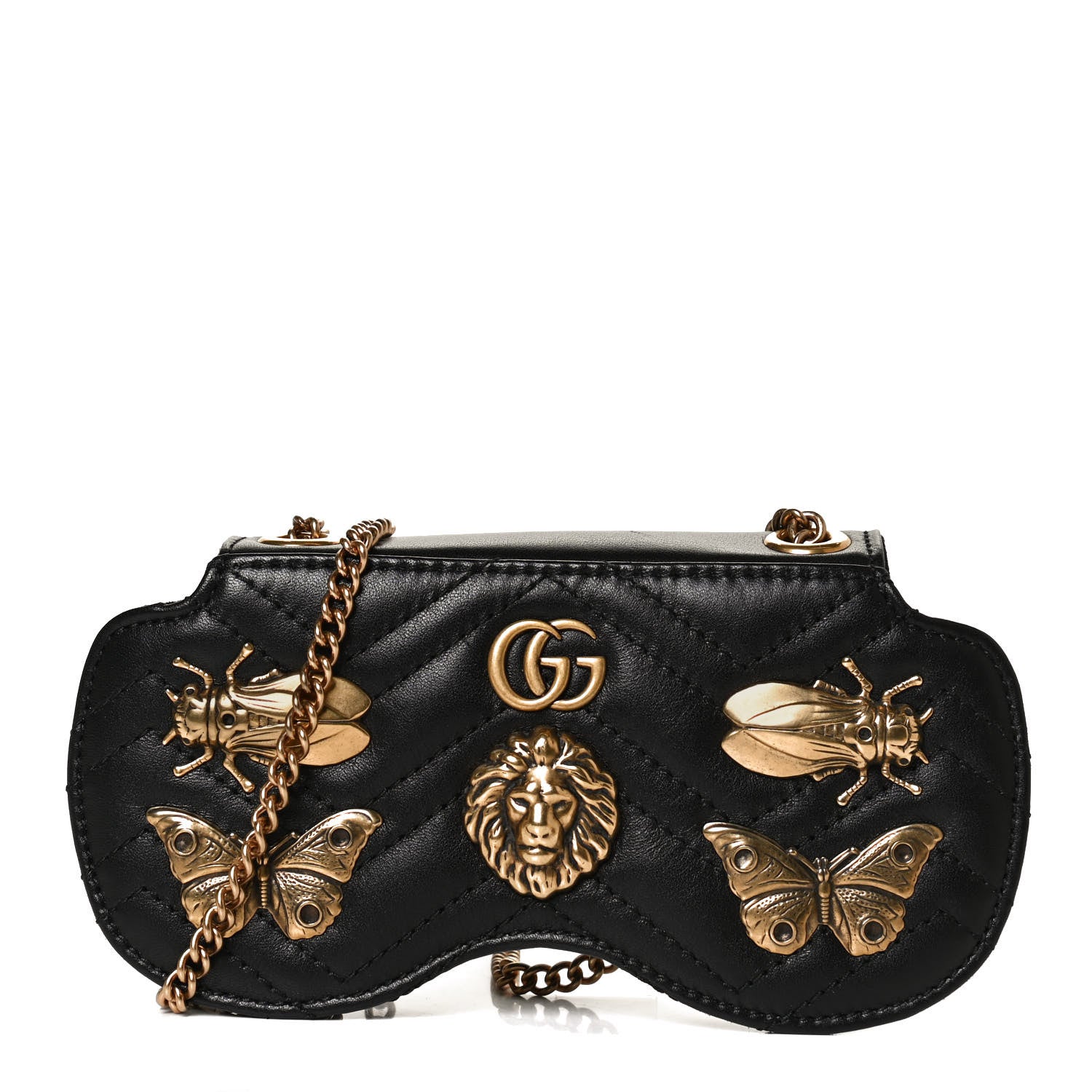 Gucci Calfskin Matelasse Animal Studs GG Marmont Chain Sunglasses Case Black 1 of 9
