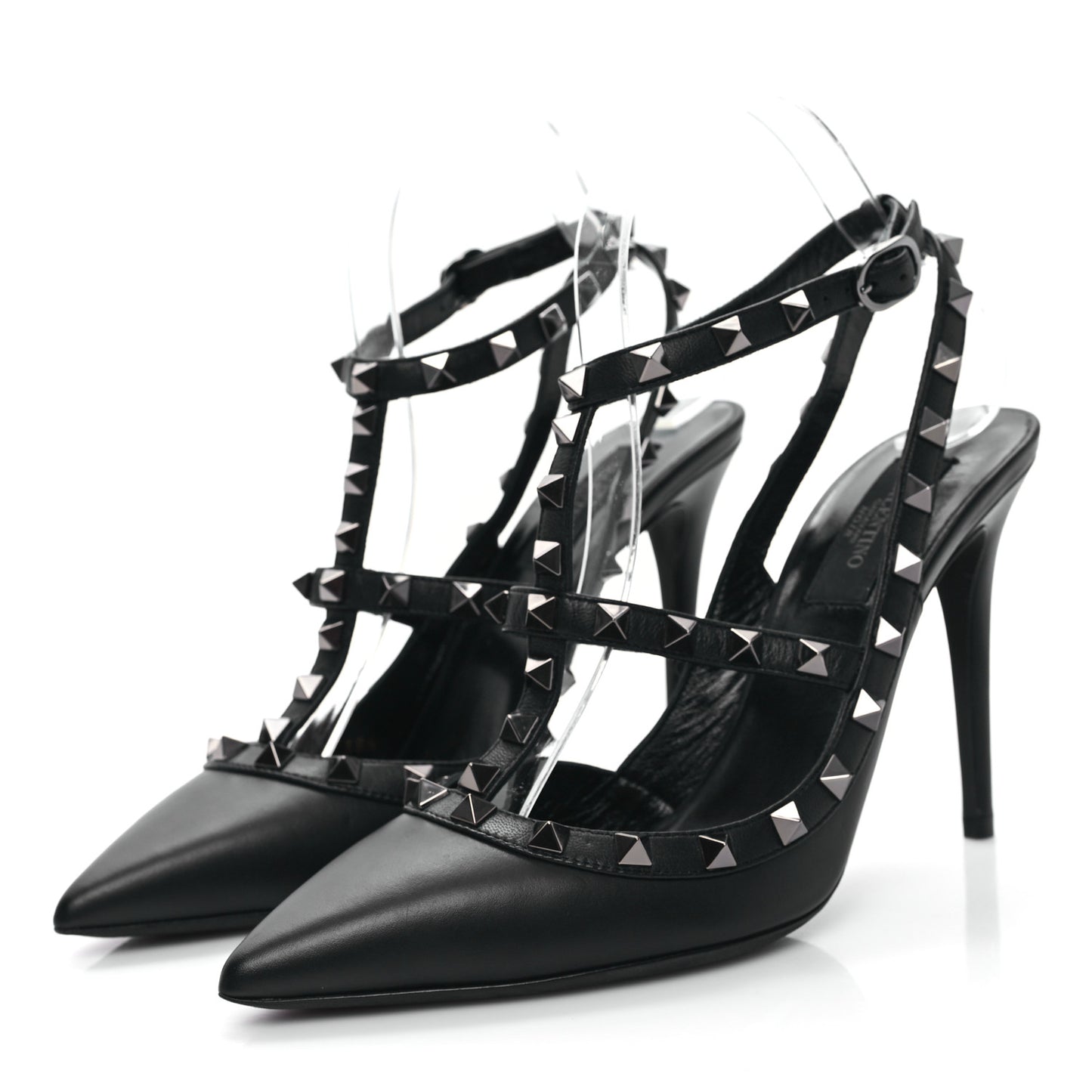 Calfskin Nappa Rockstud Ankle Strap 100mm Pumps 38.5 Black