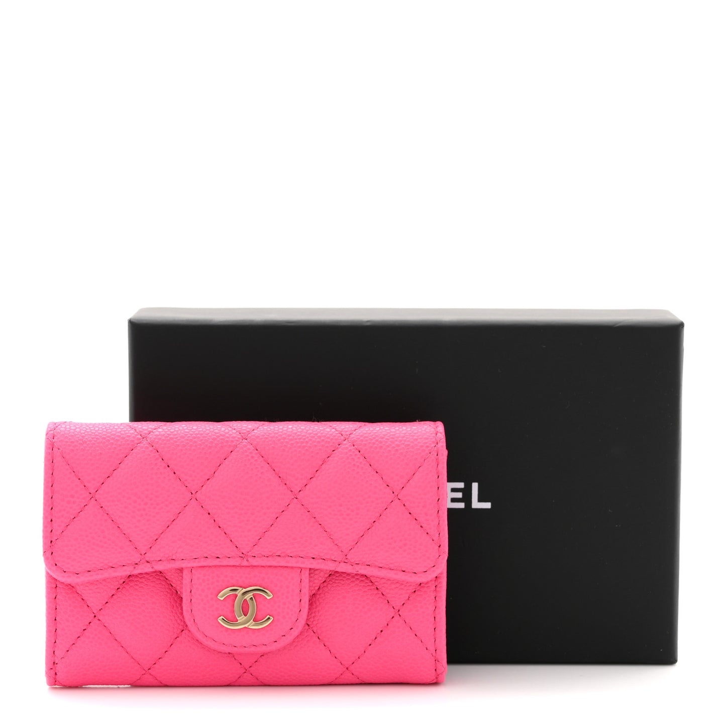 Caviar Quilted Flap Card Holder Wallet Pink