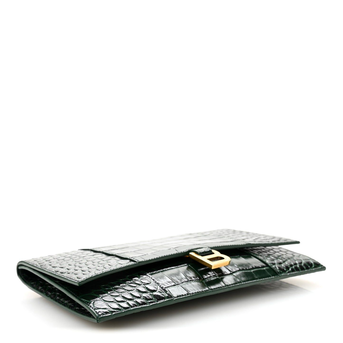Shiny Calfskin Crocodile Embossed Hourglass Flap Flat Pouch Forest Green