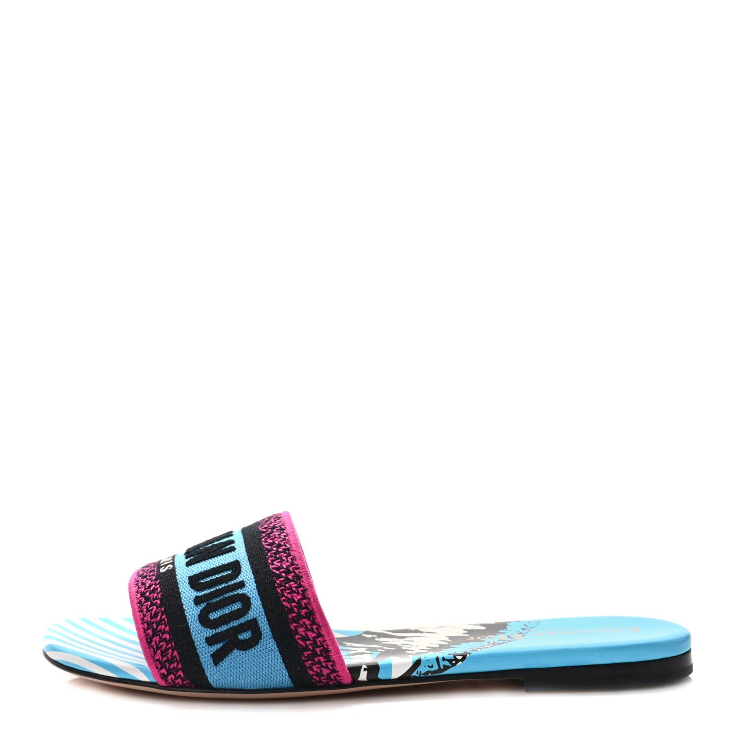 Christian Dior Canvas D-Jungle Pop Embroidered Dway Flat Slide Sandals 37 Bright Blue Pink Multicolor 1 of 9