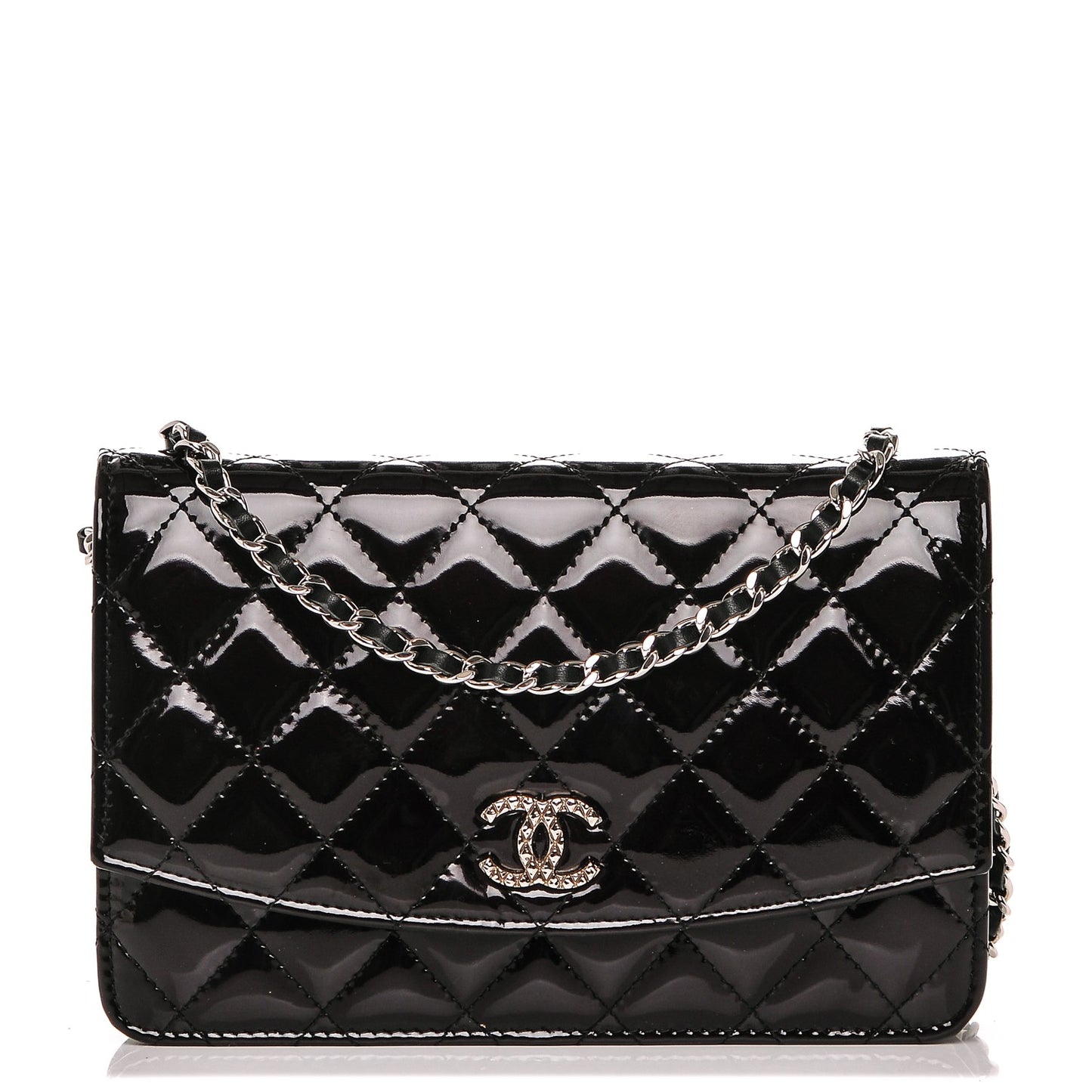 Patent Quilted Brilliant Wallet On Chain WOC Black