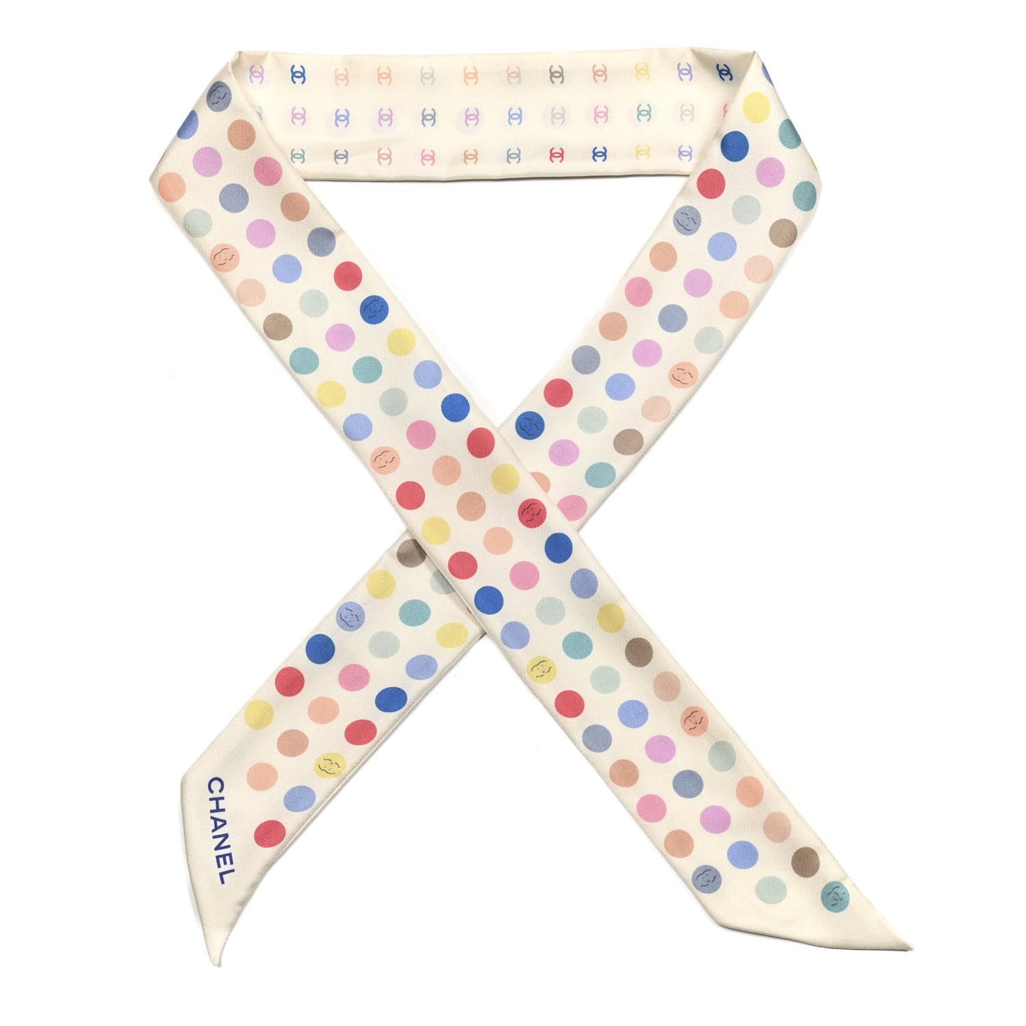 Silk Polka Dot CC Slim Bandeau Scarf Ivory Multicolor