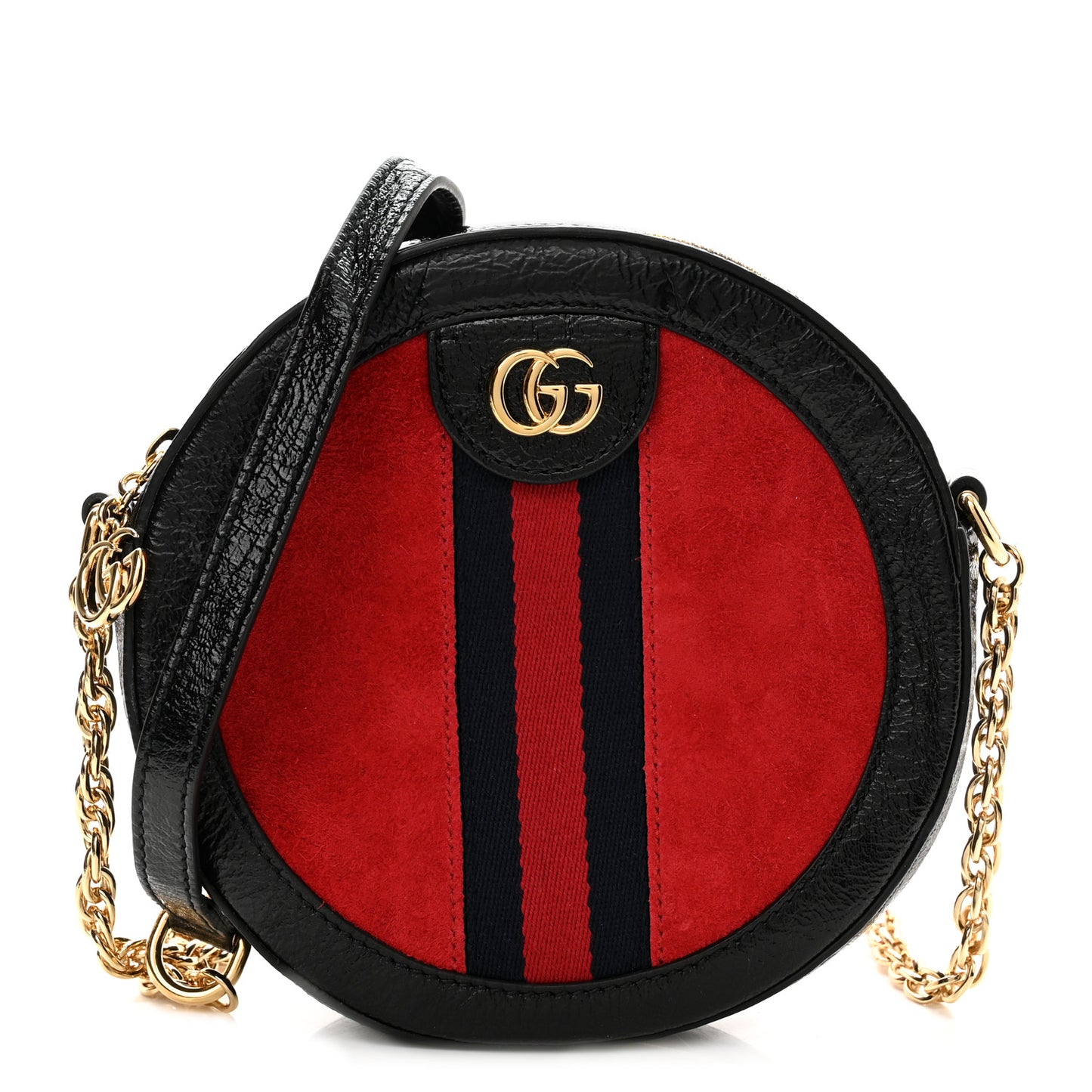 Suede Patent Web Mini Ophidia Round Shoulder Bag Hibiscus Red Black