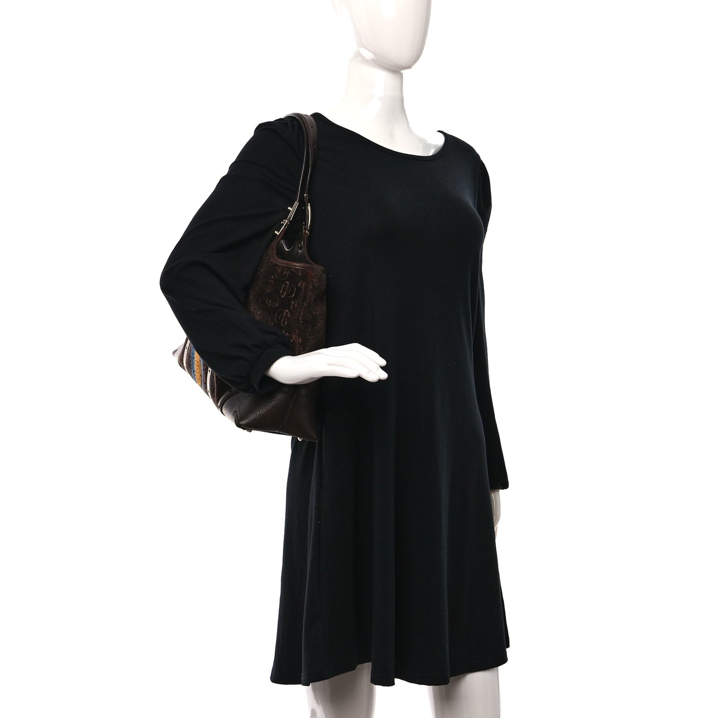 Velvet Horsebit Embossed Large Glam Shoulder Bag Brown Multicolor