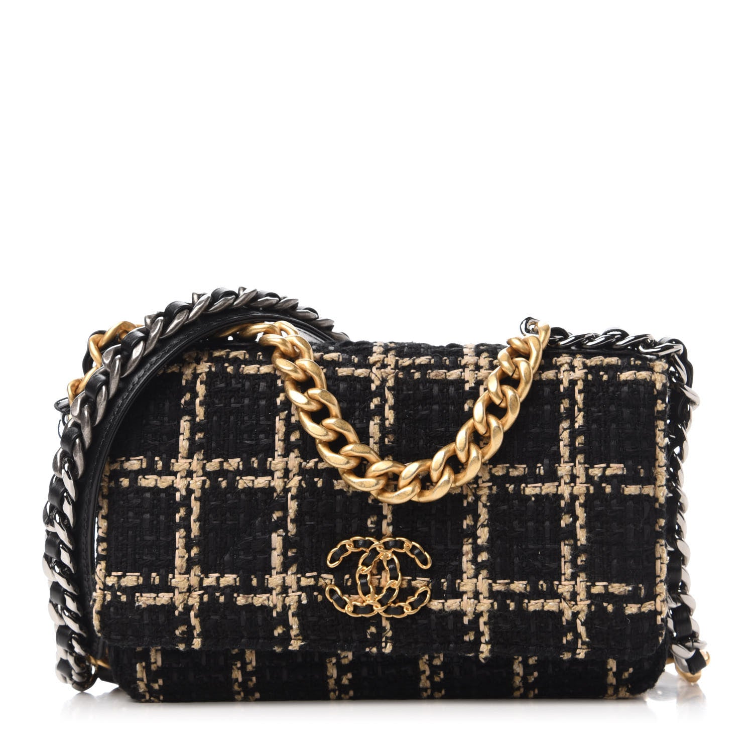 Chanel Tweed Quilted 19 Wallet On Chain WOC Black Beige 1 of 10