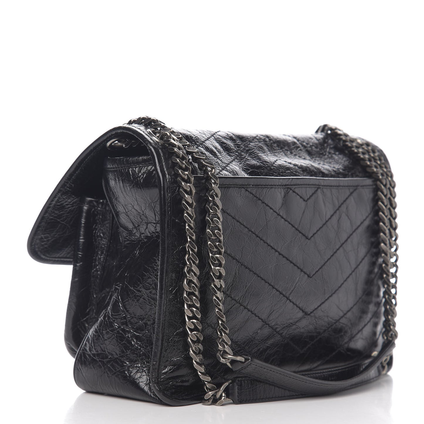 Crinkled Calfskin Matelasse Monogram Medium Niki Chain Satchel Black