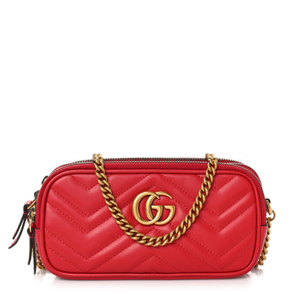 Gucci Calfskin Matelasse Mini GG Marmont Chain Crossbody Bag Hibiscus Red 1 of 10