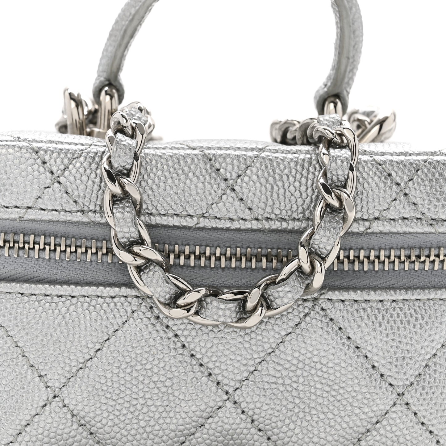 Metallic Caviar Quilted Mini Top Handle Vanity With Chain Silver