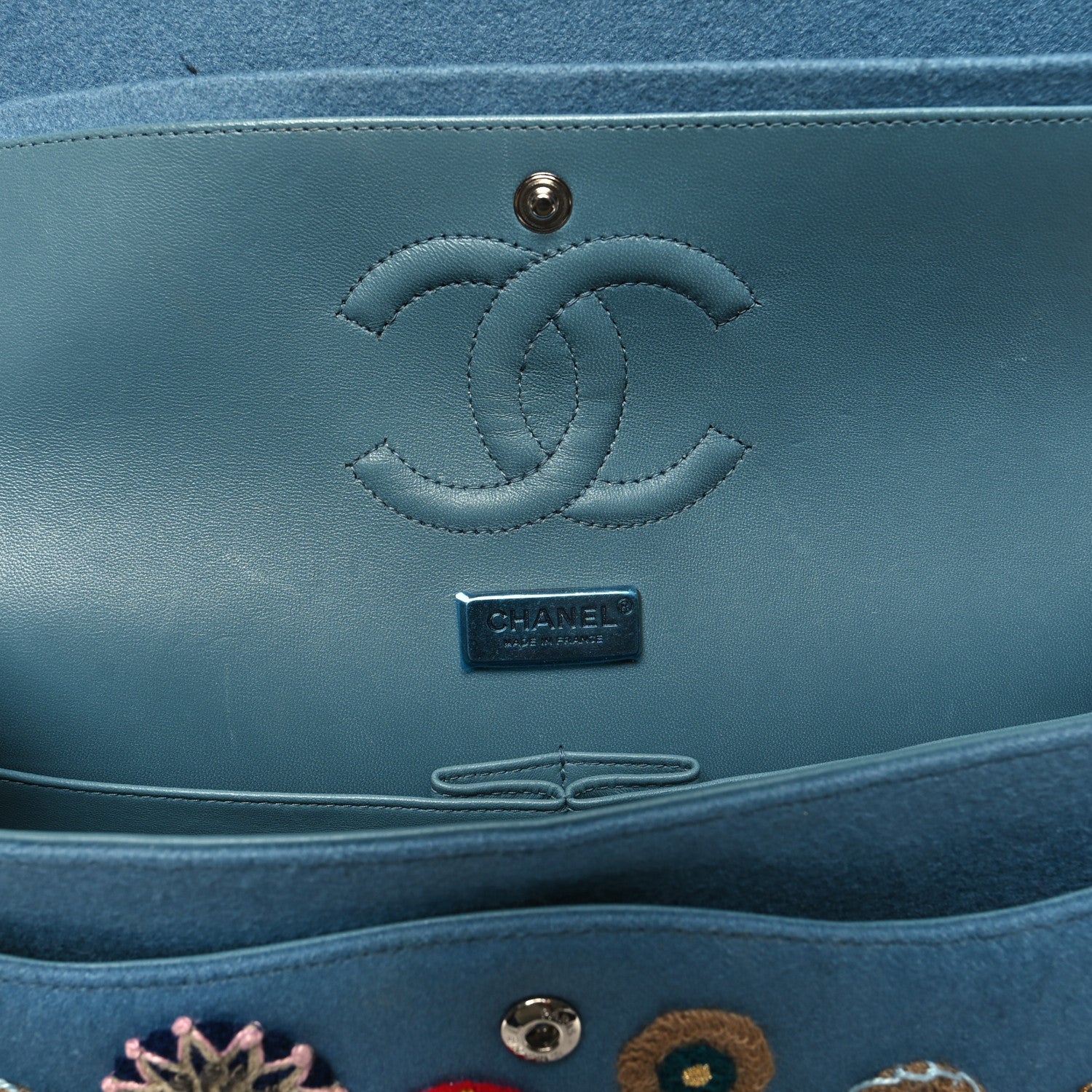 Chanel Felt Flower Embroidered Medium Double Flap Blue Multicolor 10 of 11