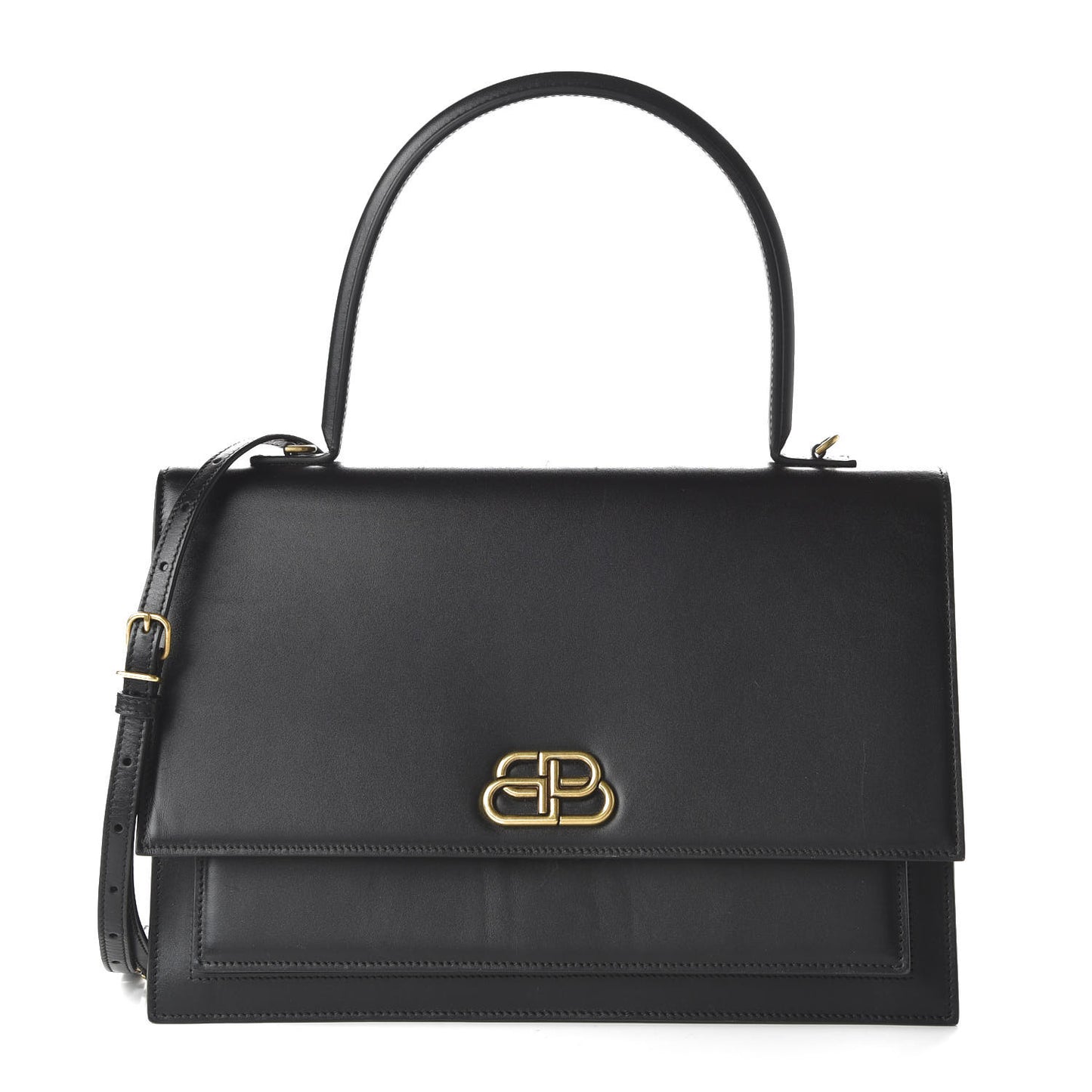 Box Calfskin Large Sharp Top Handle Bag Black