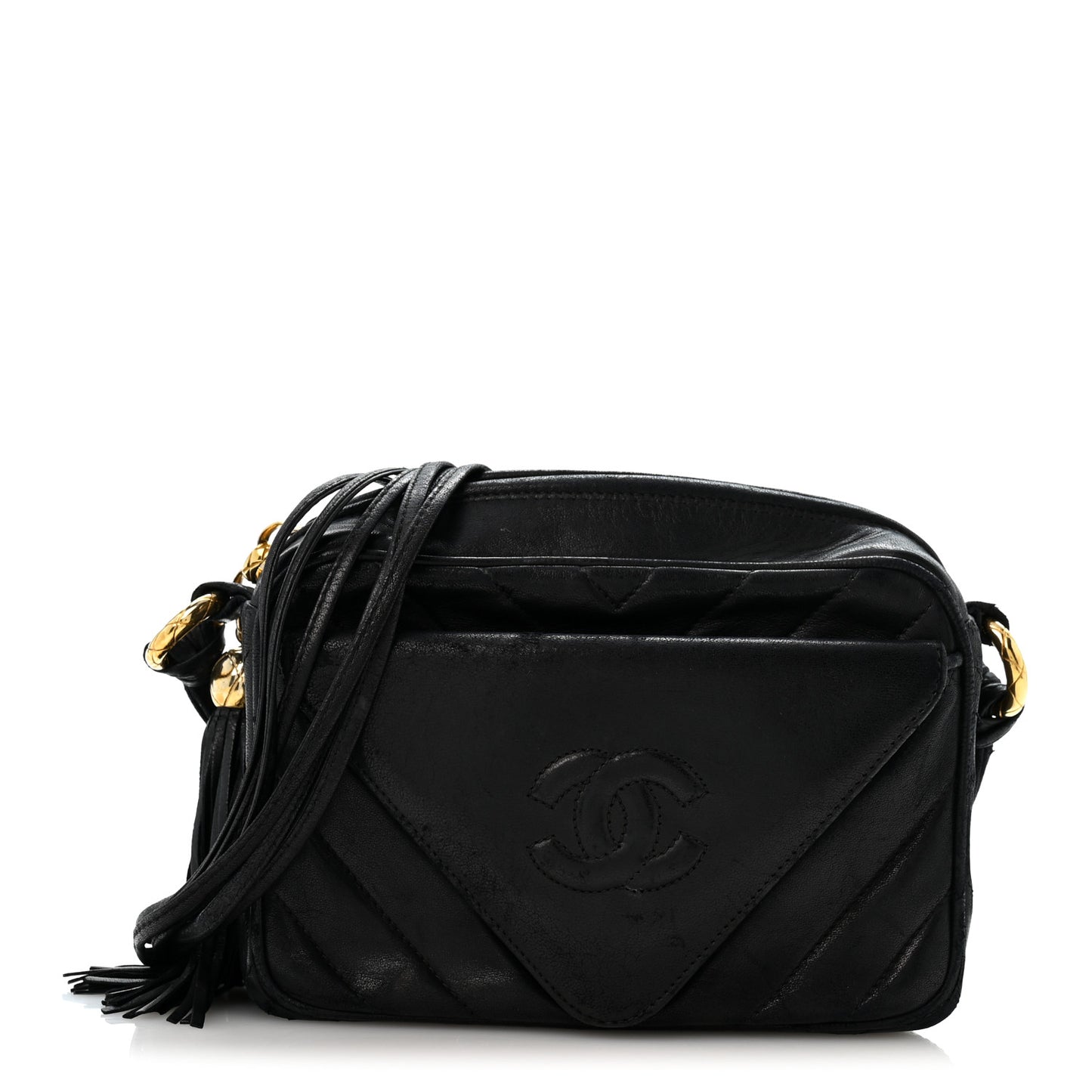 Lambskin Chevron Quilted Tassel Camera Case Black