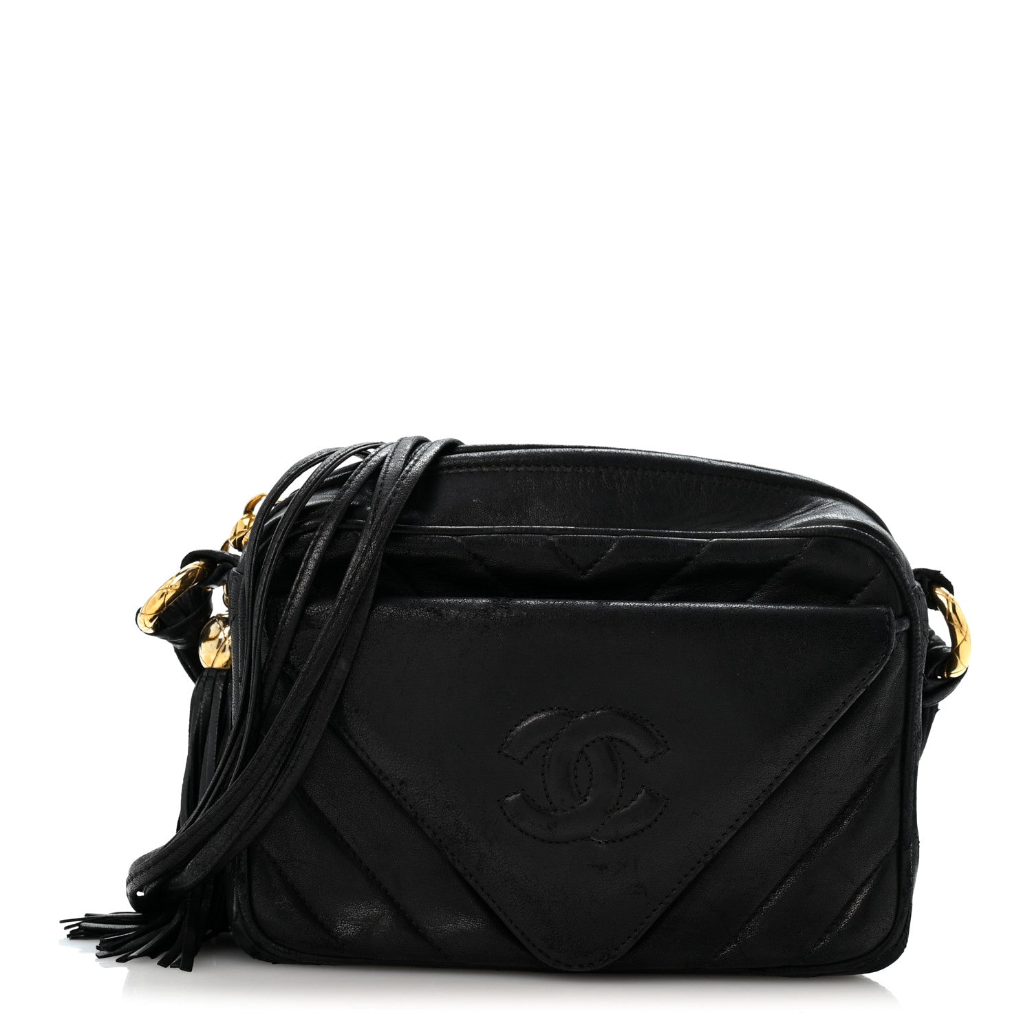Chanel Lambskin Chevron Quilted Tassel Camera Case Black 1 of 14