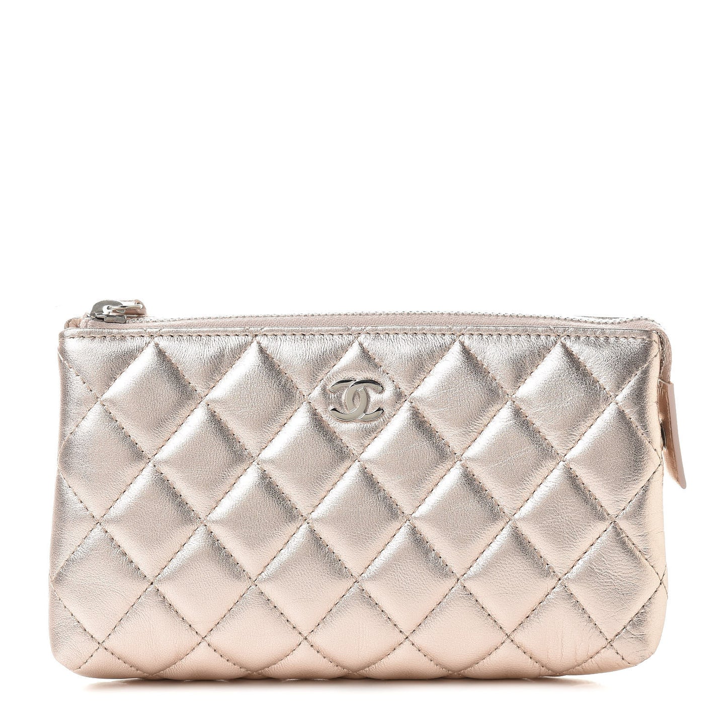 Metallic Lambskin Quilted Small Cosmetic Pouch Light Pink