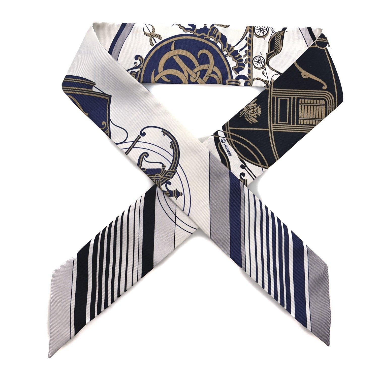 Hermes Silk Ex-Libris Twilly White Marine Gris 1 of 4