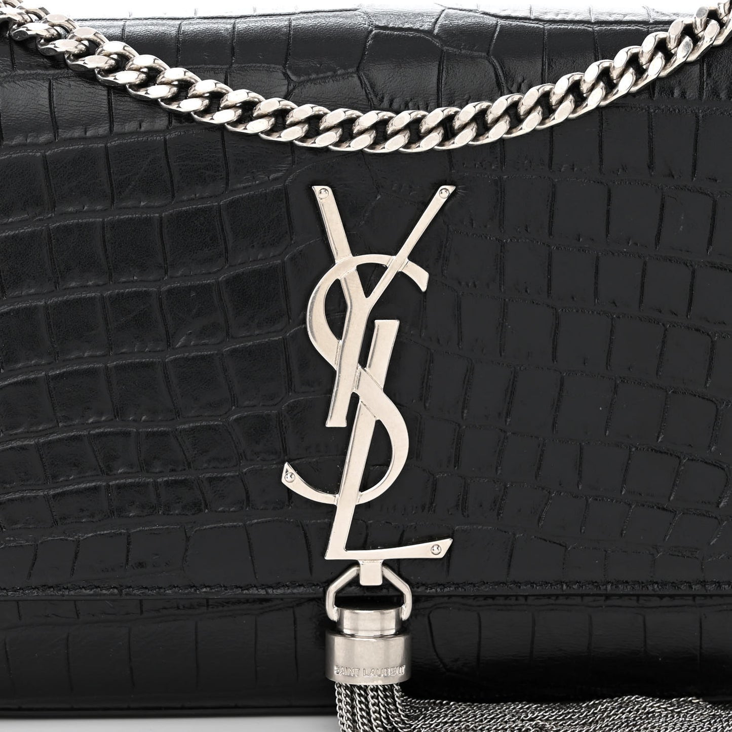 Calfskin Crocodile Embossed Small Classic Monogram Kate Tassel Satchel Black