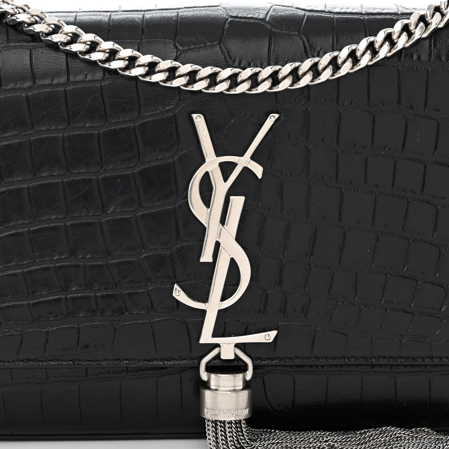 Saint Laurent Calfskin Crocodile Embossed Small Classic Monogram Kate Tassel Satchel Black 8 of 10