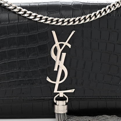 Saint Laurent Calfskin Crocodile Embossed Small Classic Monogram Kate Tassel Satchel Black 8 of 10