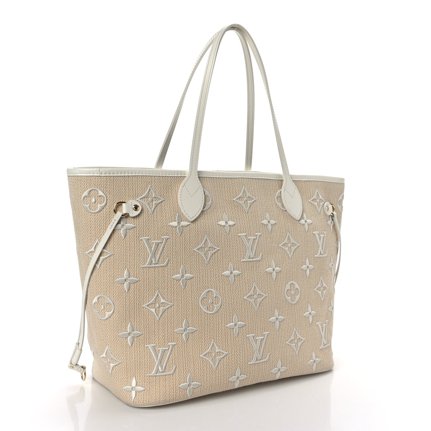 Cotton Monogram Embroidered Neverfull MM Beige White