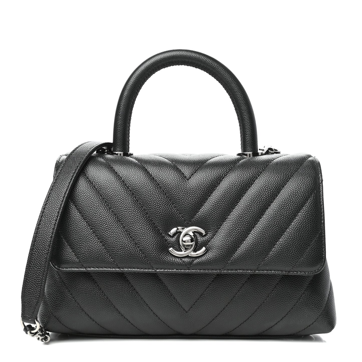 Caviar Chevron Quilted Mini Coco Handle Flap Black