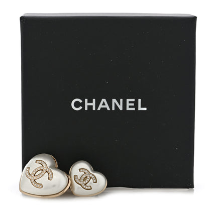 Chanel Resin Crystal CC Heart Brooch Set Pearly White Gold 4 of 4