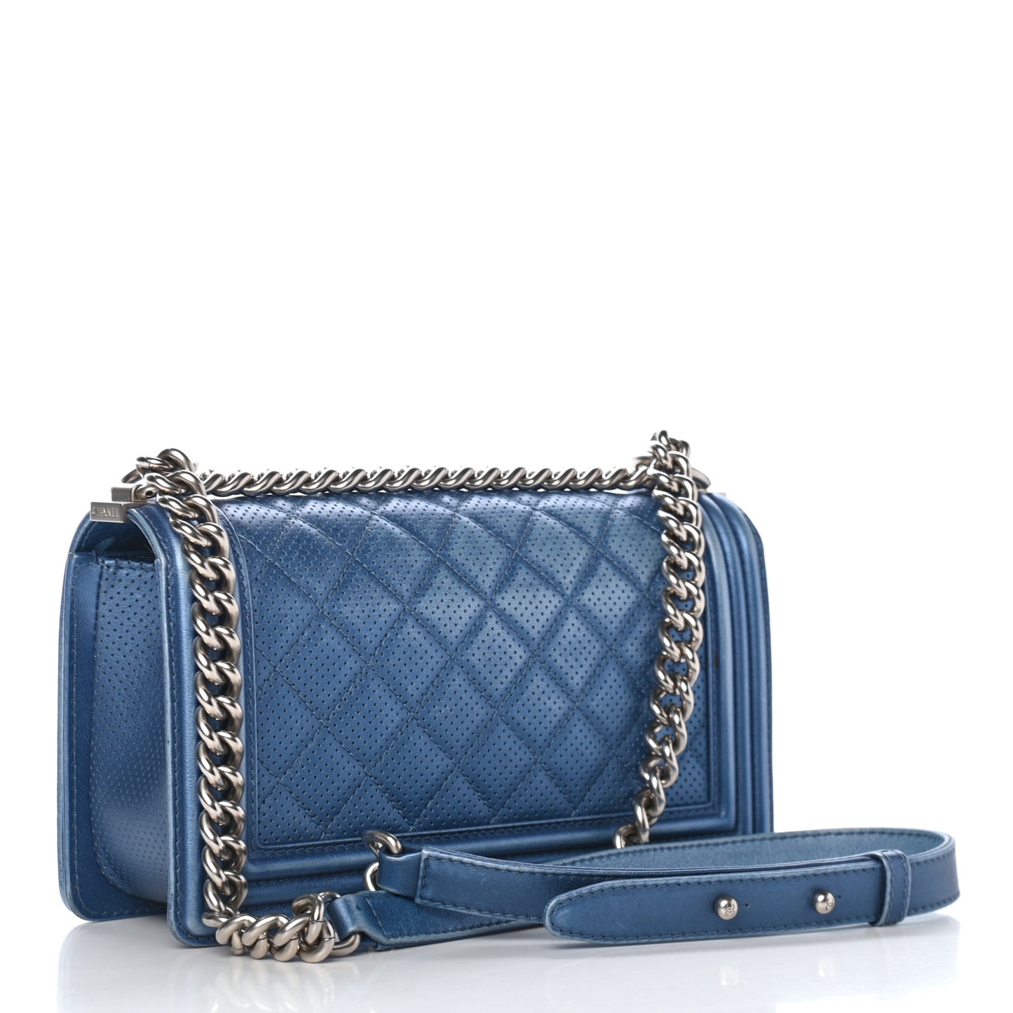 Metallic Lambskin Perforated Quilted Medium Boy Flap Blue