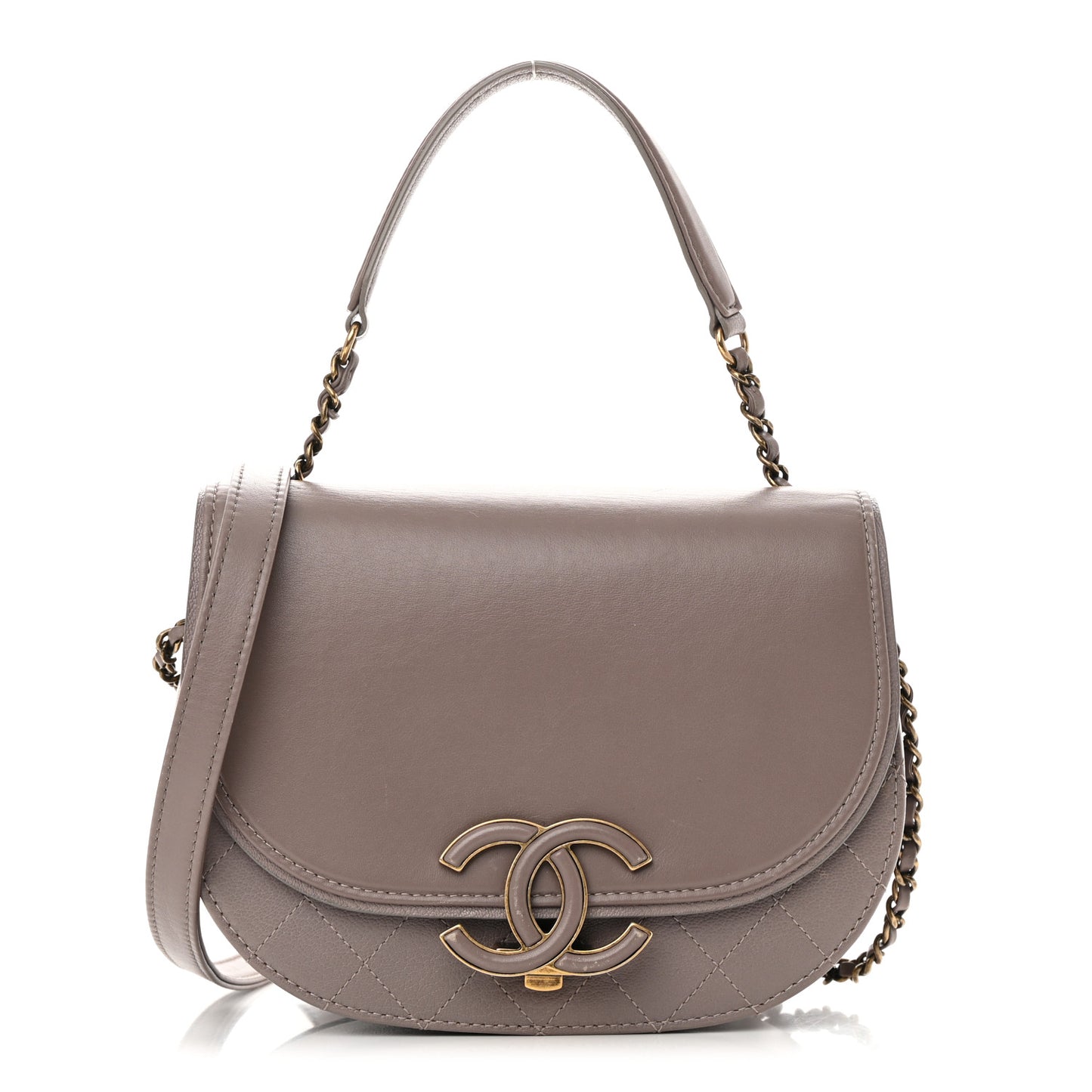 Shiny Calfskin Goatskin Quilted Small Coco Curve Messenger Flap Grey