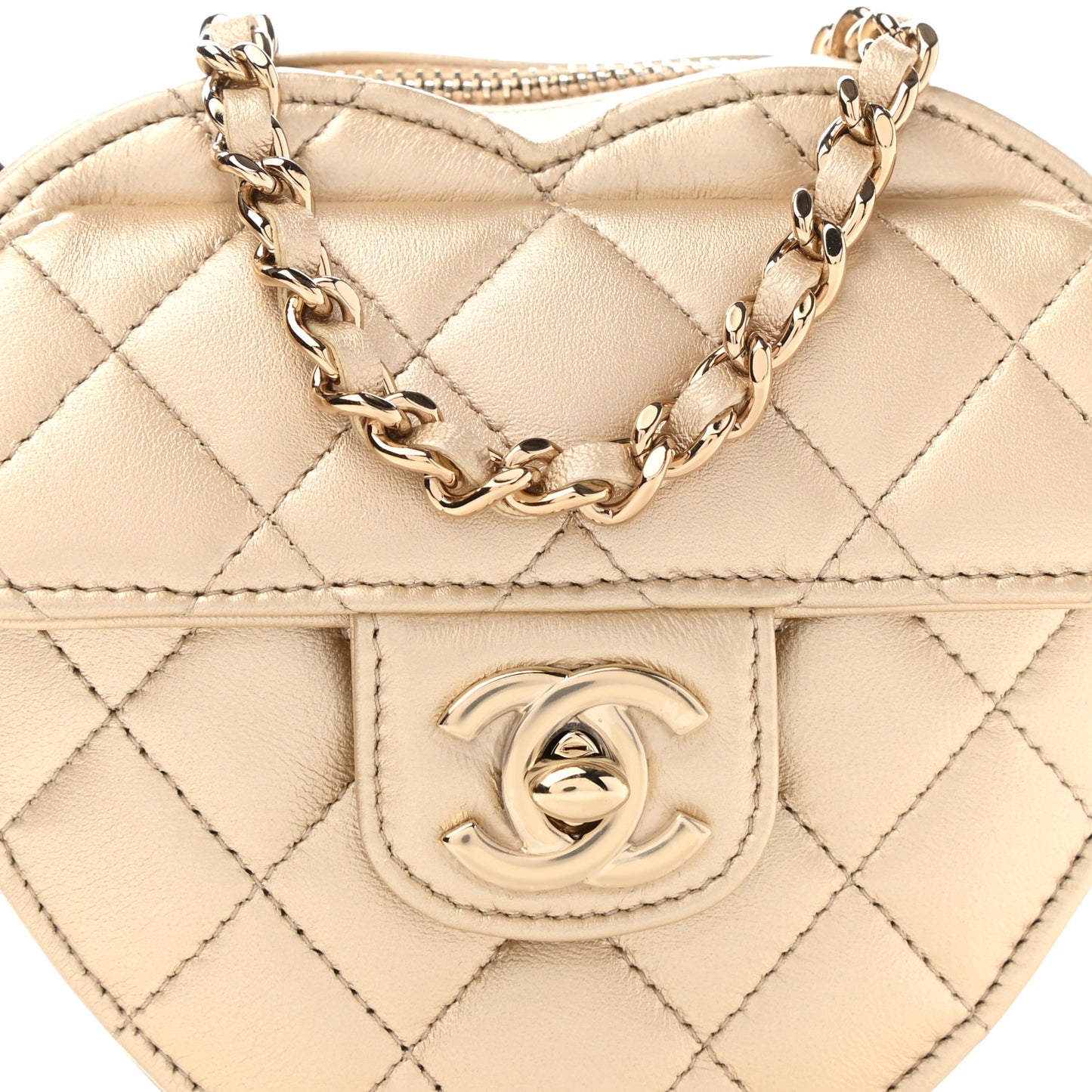 Metallic Lambskin Quilted CC In Love Heart Clutch With Chain Gold
