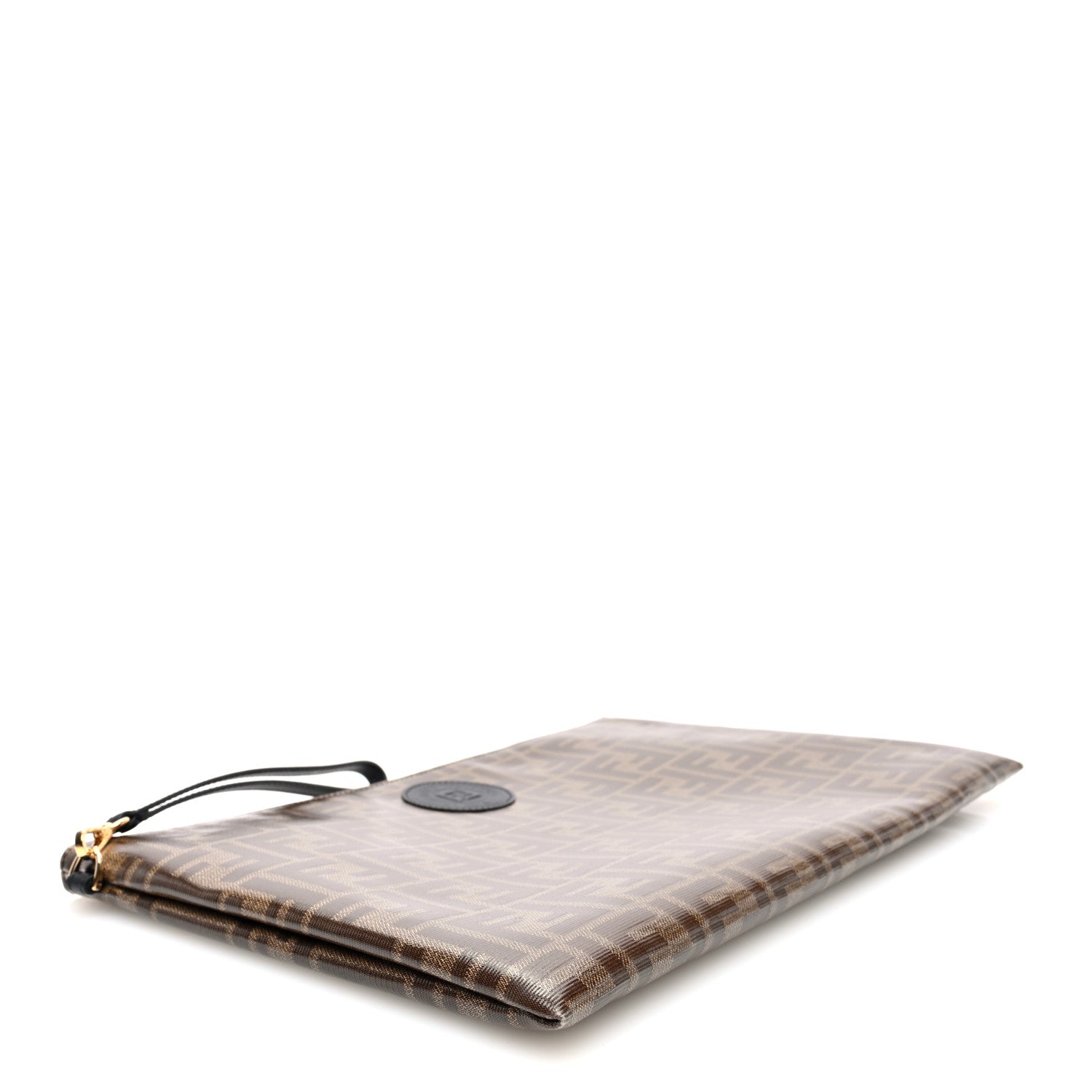 Fendi Glazed Fabric Vitello Century FF 1974 Stamp Patch Large Flat Pouch Mogano Panna Black 4 of 6